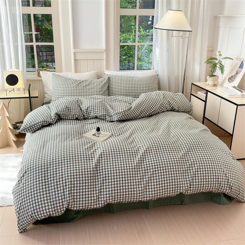 Mucalis Green Gingham Duvet Cover King 100% Washed Cotton Checked Duvet Cover Set Modern Plaid 3 Piece Grid Bedding Set with Zipper Closure Corner Ties Durable Breathable Easy Care - Image 2